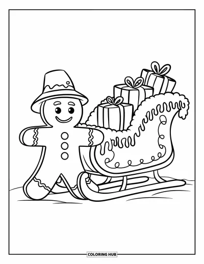 Coloriage de bonshommes en pain d'épices pour enfants : Bonshommes en pain d'épices avec un chapeau debout près d'un traîneau rempli de cadeaux