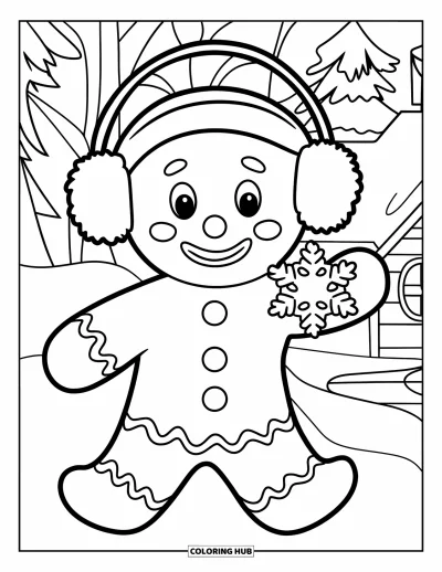 Coloriage de bonshommes en pain d'épices pour enfants : Bonshommes en pain d'épices avec des cache-oreilles tenant un biscuit en flocon de neige dans la neige