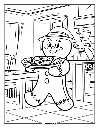 Coloriage de bonshommes en pain d'épices pour enfants : Bonshommes en pain d'épices avec un plateau de biscuits debout près d'une table en bois