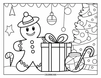 Coloriage de bonshommes en pain d'épices pour enfants : Bonshommes en pain d'épices avec un cadeau, des bocaux de bonbons et des décorations festives