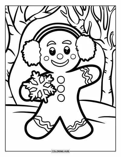 Coloriage de bonshommes en pain d'épices pour enfants : Bonshommes en pain d'épices avec des cache-oreilles et un biscuit debout près d'arbres dénudés