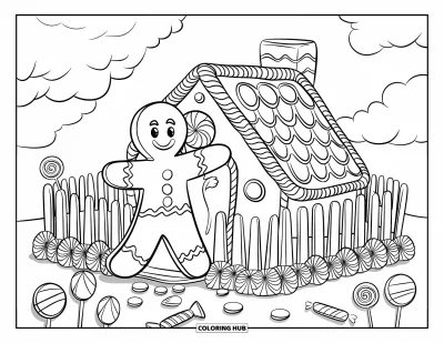 Coloriage de bonshommes en pain d'épices pour enfants : Bonshommes en pain d'épices construisant une barrière en bonbons avec des sucettes et des dragées partout