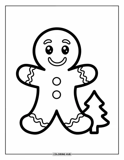Coloriage de bonshommes en pain d'épices pour enfants : Heureux bonshommes en pain d'épices près d'un arbre avec de grandes formes simples à colorier