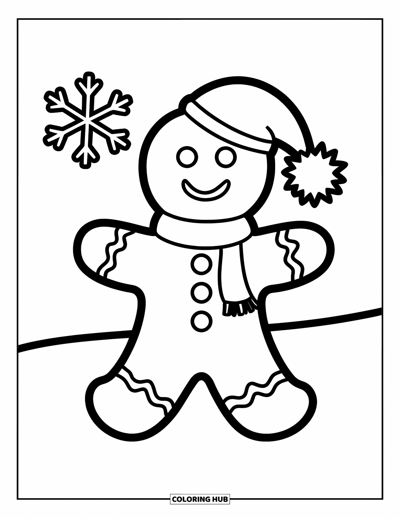 Gingerbread Man Coloring Page for Kids: Happy gingerbread man with a scarf and snowflake on white ground