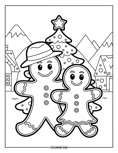 Coloriage de bonshommes en pain d'épices pour enfants : Couple de bonshommess en pain d'épices souriants devant un sapin et des montagnes enneigées