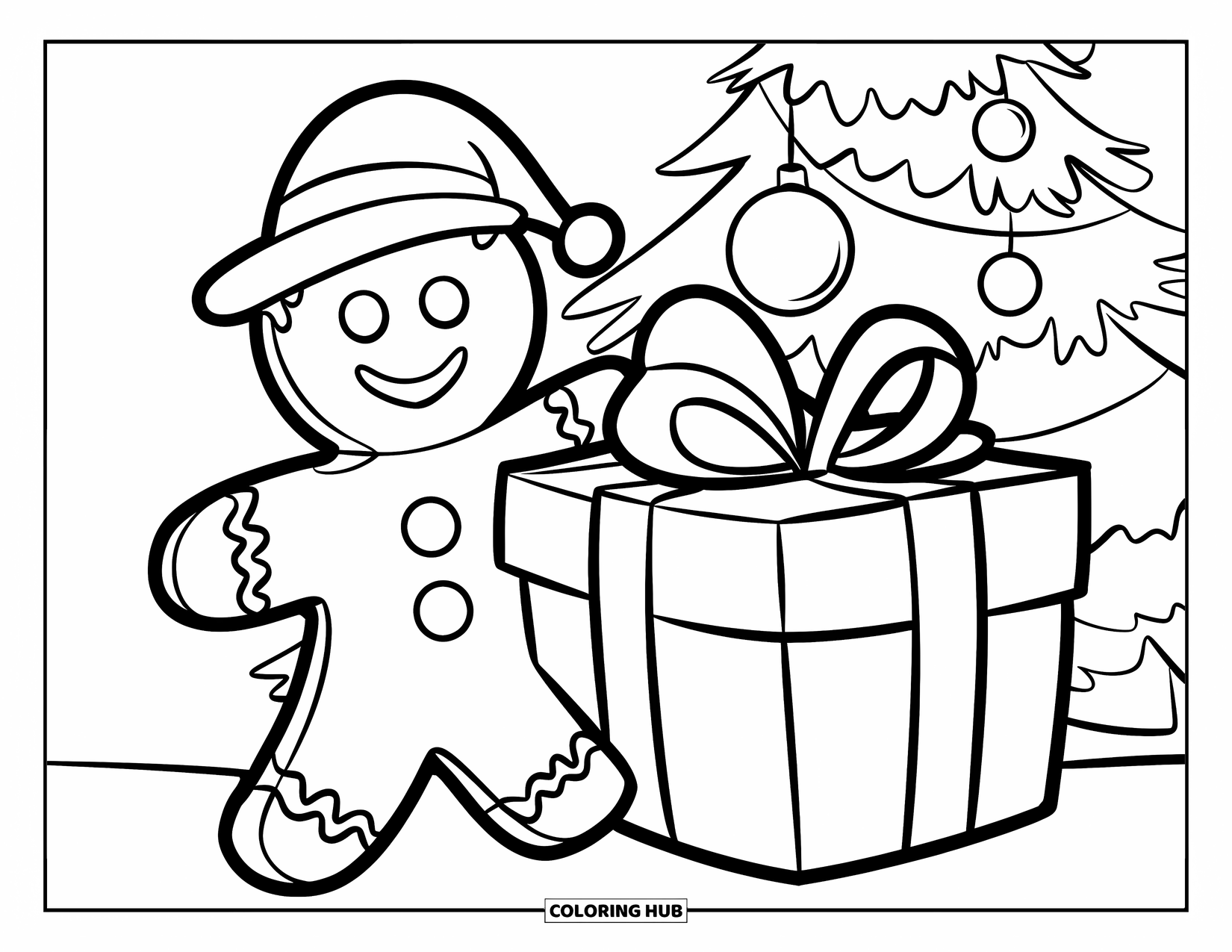 Gingerbread Man Coloring Page for Kids: Smiling gingerbread man beside a gift and decorated Christmas tree