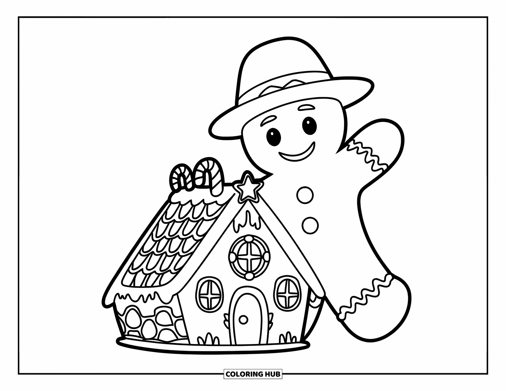 Gingerbread Man Coloring Page for Kids: Smiling gingerbread man decorating a sweet little gingerbread house
