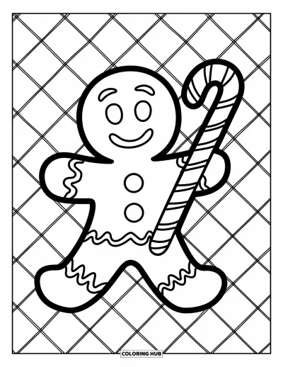 Coloriage de bonshommes en pain d'épices pour enfants : Bonshommes en pain d'épices souriant tenant une canne en sucre d'orge sur un sol à carreaux