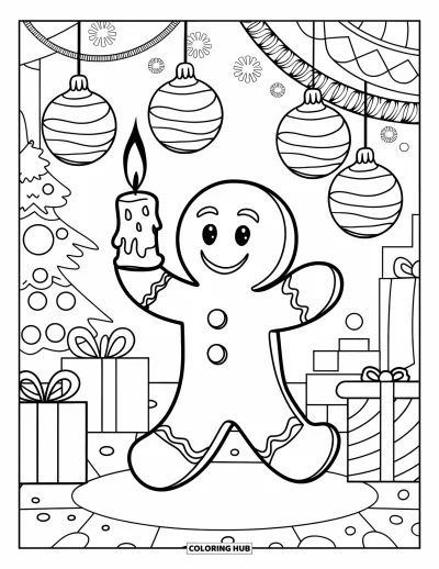 Coloriage de bonshommes en pain d'épices pour enfants : Bonshommes en pain d'épices souriant allumant des lanternes en dragée dans un décor festif