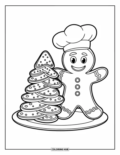 Coloriage de bonshommes en pain d'épices pour enfants : Bonshommes en pain d'épices souriant à côté d'un arbre à biscuits sur une assiette