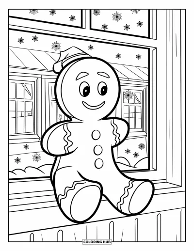 Coloriage de bonshommes en pain d'épices pour enfants : Bonshommes en pain d'épices souriant assis sur un rebord enneigé, savourant la chute de neige