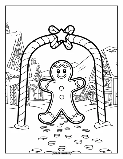 Coloriage de bonshommes en pain d'épices pour enfants : Bonshommes en pain d'épices souriant sous une grande arche en bonbons près de montagnes enneigées