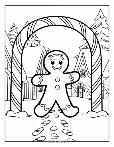 Coloriage de bonshommes en pain d'épices pour enfants : Bonshommes en pain d'épices souriant passant devant des chalets enneigés et une arche en bonbons