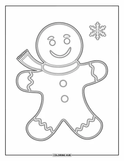 Coloriage de bonshommes en pain d'épices pour enfants : Bonshommes en pain d'épices souriant avec une écharpe près d'un flocon de neige