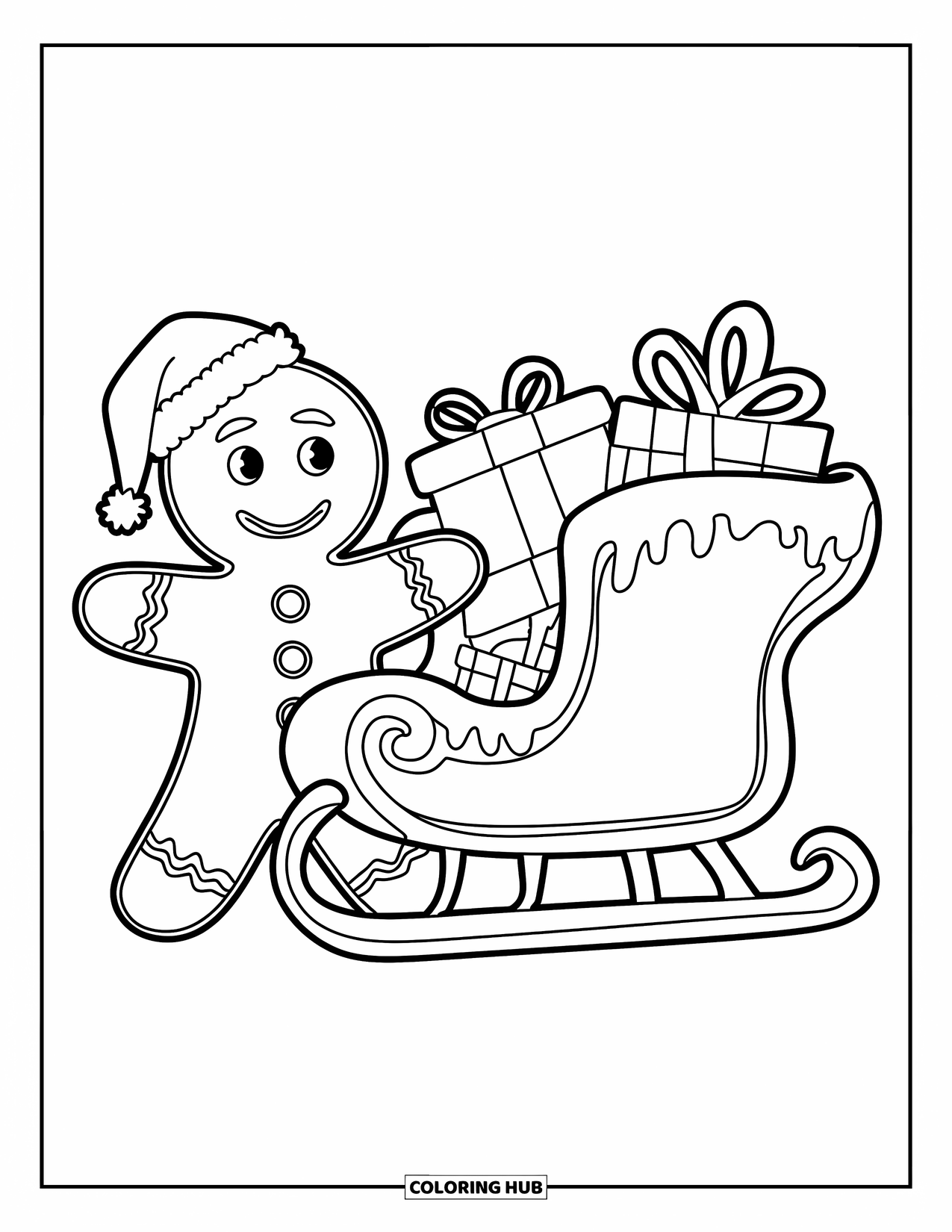 Gingerbread Man Coloring Page for Kids: Smiling gingerbread man with a ribbon-tied sleigh on a snowy day