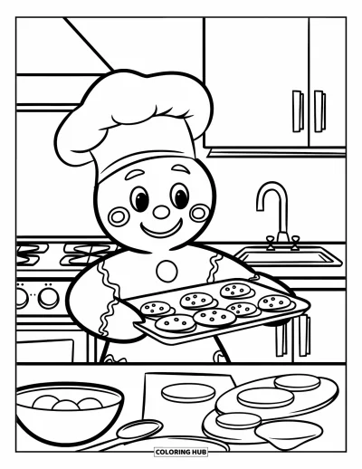 Coloriage de bonshommes en pain d'épices pour enfants : Bonshommes en pain d'épices souriant avec des biscuits dans une cuisine chaleureuse
