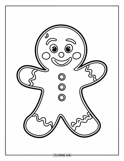 Coloriage de bonshommes en pain d'épices pour enfants : Bonshommes en pain d'épices souriant avec des bras en glaçage et de jolis boutons décoratifs