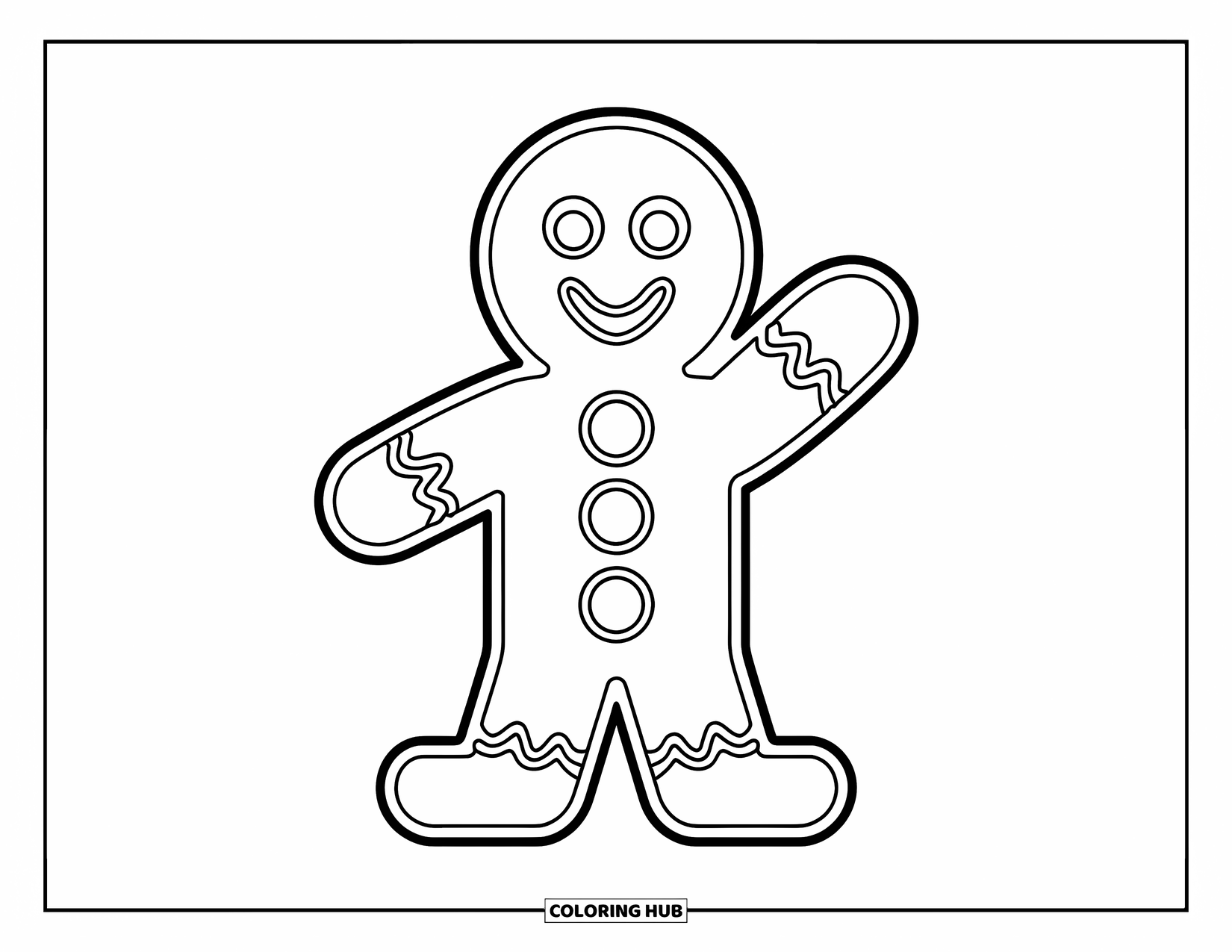 Gingerbread Man Coloring Page for Kids: Waving gingerbread man standing proudly with three gumdrop buttons
