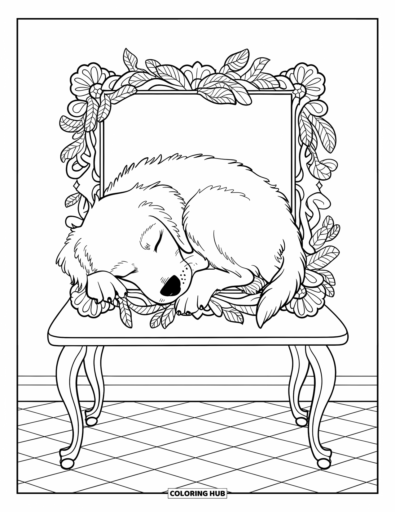 Golden Retriever Puppy Coloring Page for Adults: Asleep puppy framed in flowers, resting on a table with a checkered floor