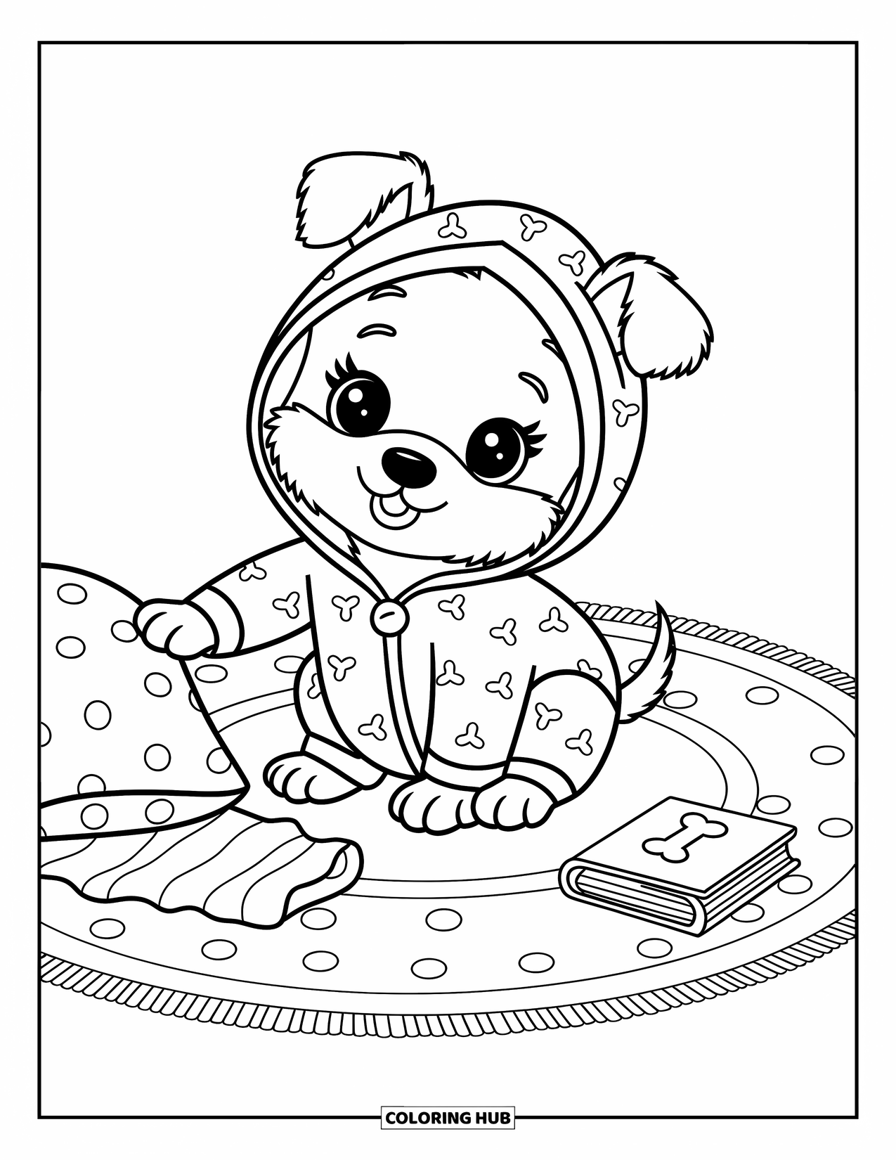 Golden Retriever Puppy Coloring Page for Adults: Cozy puppy in pajamas stretches a paw toward a nearby soft pillow