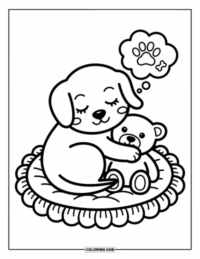 Desen de colorat cu pui de Golden Retriever pentru adulți: Cățeluș dormind cu ursulețul pe un pat rotund cu bordură cu volane
