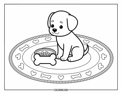 Desen de colorat cu pui de Golden Retriever pentru adulți: Cățeluș curios cu capul într-o parte privind un bol în formă de os cu mâncare