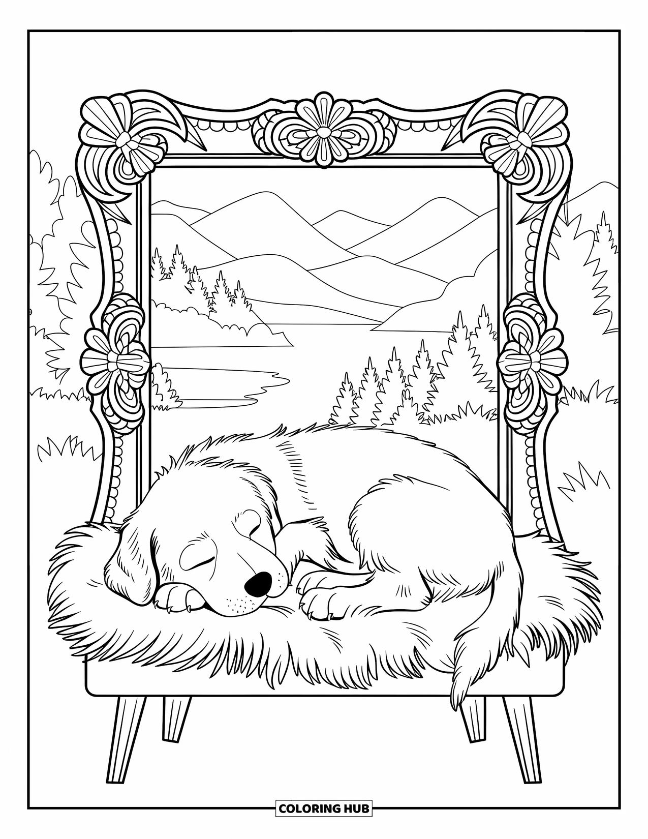 Golden Retriever Puppy Coloring Page for Adults: Curled-up puppy sleeping in a floral frame with a mountain landscape