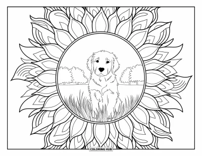 Desen de colorat cu pui de Golden Retriever pentru adulți: Golden Retriever pe un câmp înconjurat de modele cu floarea-soarelui și copaci