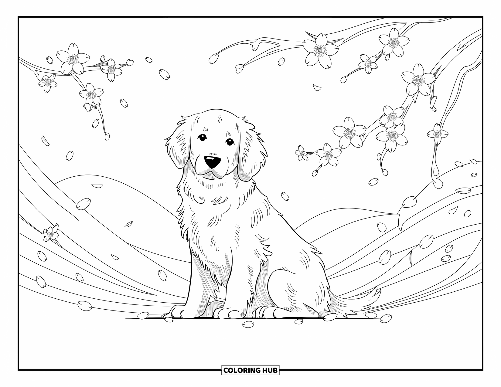 Golden Retriever Puppy Coloring Page for Adults: Golden retriever sitting under falling blossoms with ornamental lines and mountains