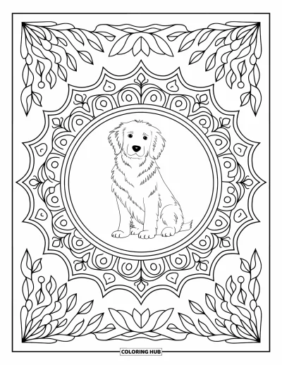 Desen de colorat cu pui de Golden Retriever pentru adulți: Golden Retriever înconjurat de modele botanice detaliate și frunze decorative