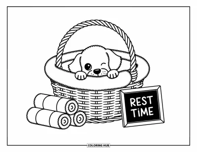 Desen de colorat cu pui de Golden Retriever pentru adulți: Cățeluș ghemuit în coș cu un ochi și o lăbuță vizibile lângă prosoape moi