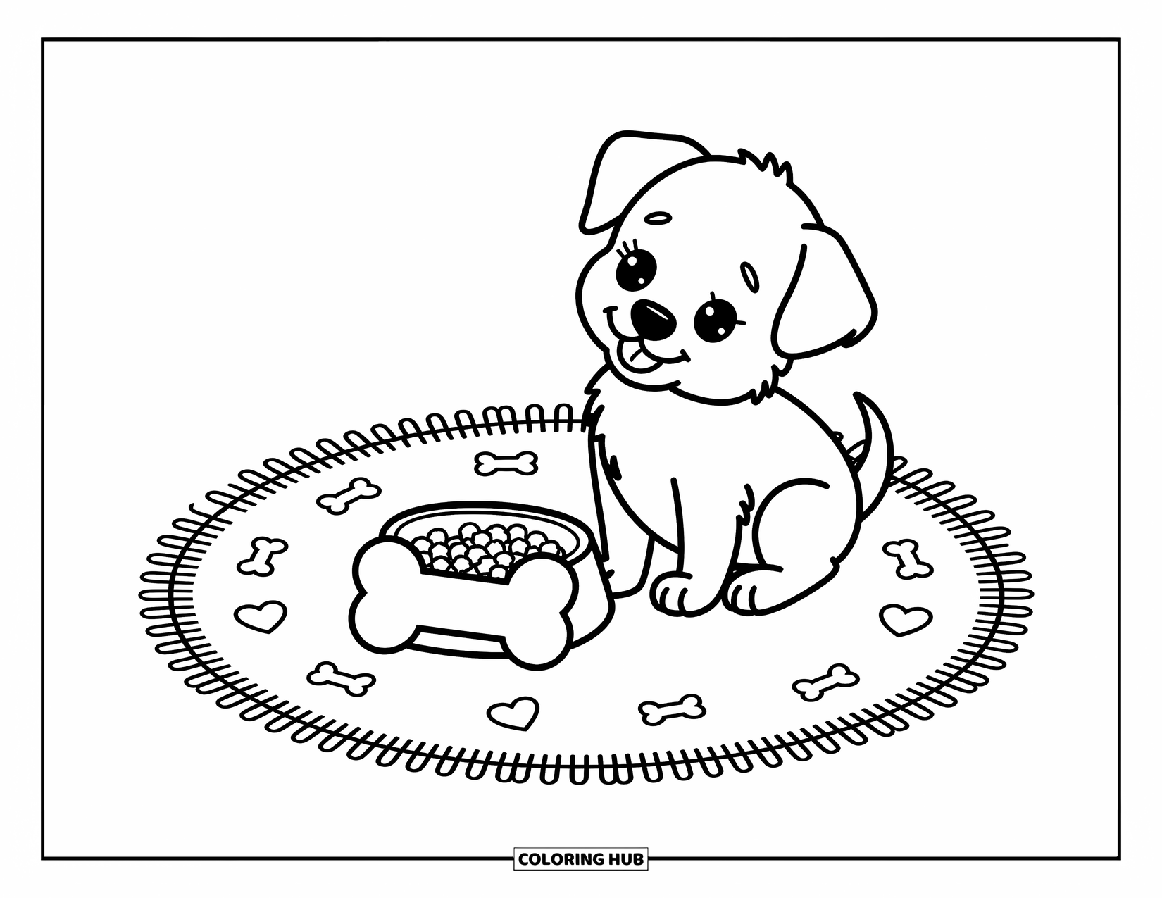 Golden Retriever Puppy Coloring Page for Adults: Puppy gazes at its food bowl while sitting on a cozy patterned rug
