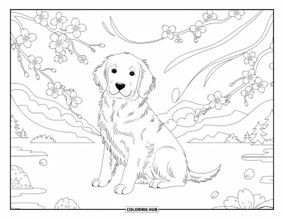 Desen de colorat cu pui de Golden Retriever pentru adulți: Cățeluș într-un peisaj liniștit cu flori de cireș și modele ondulate