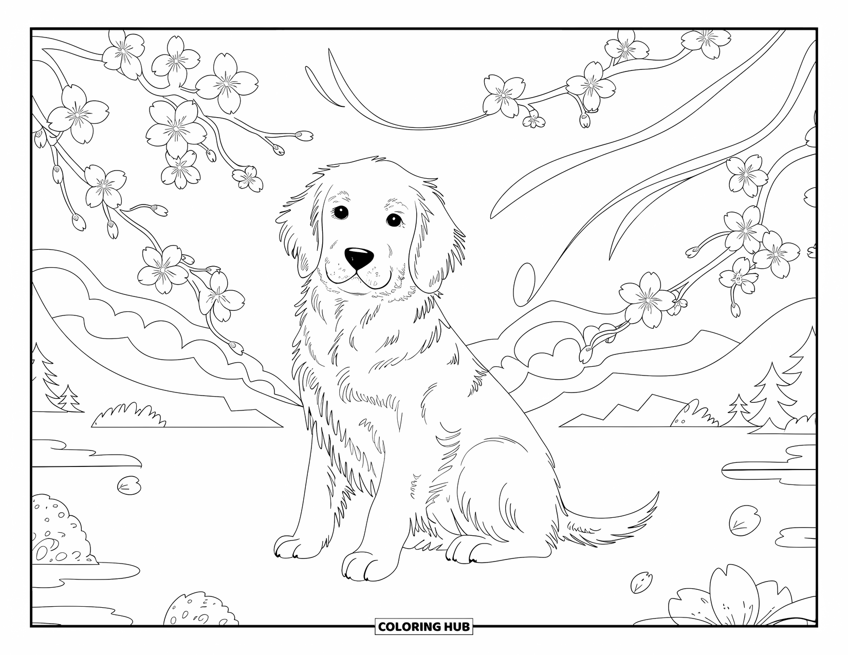 Golden Retriever Puppy Coloring Page for Adults: Puppy in a peaceful landscape with cherry blossoms and flowing patterns