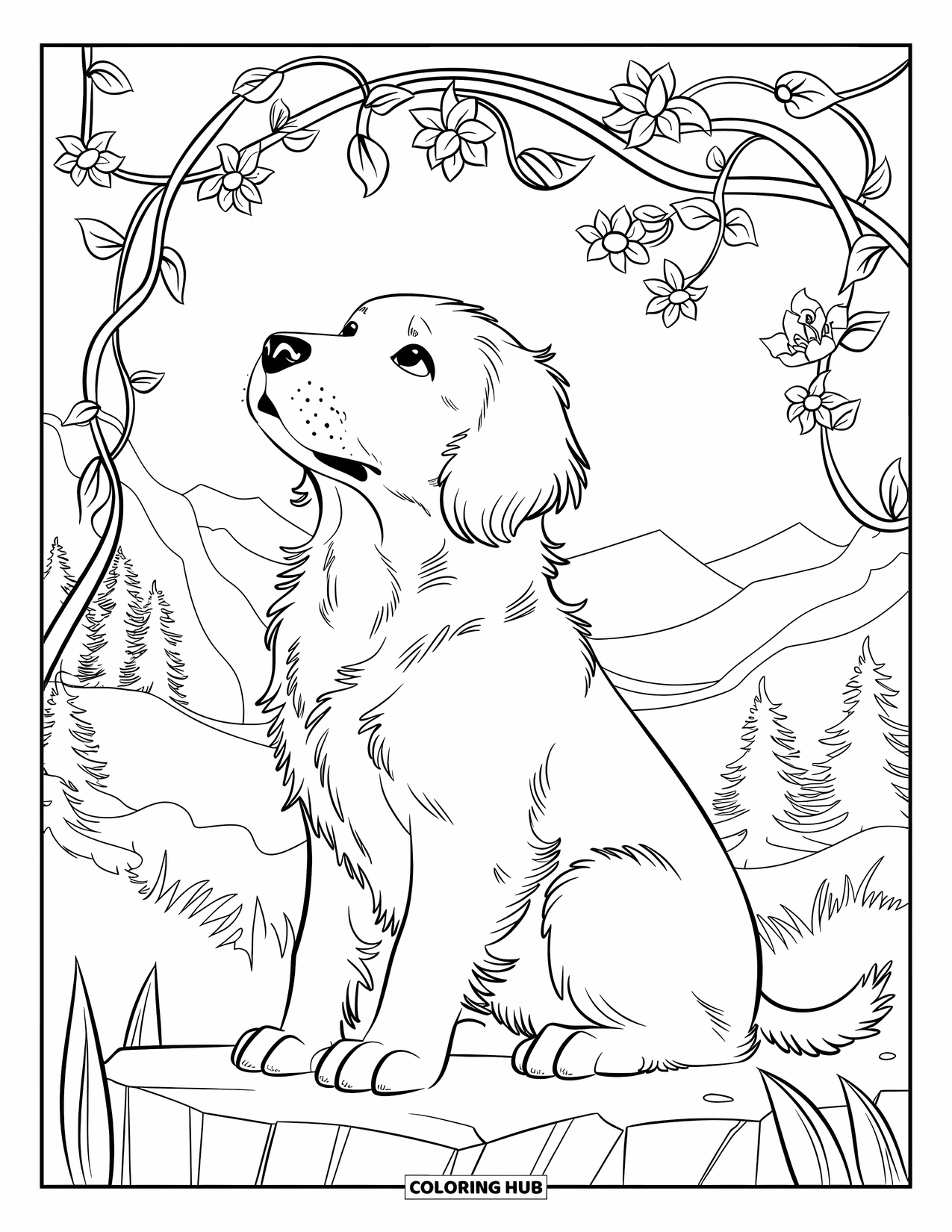 Golden Retriever Puppy Coloring Page for Adults: Puppy looking up while sitting among vines, blossoms, and a mountain view