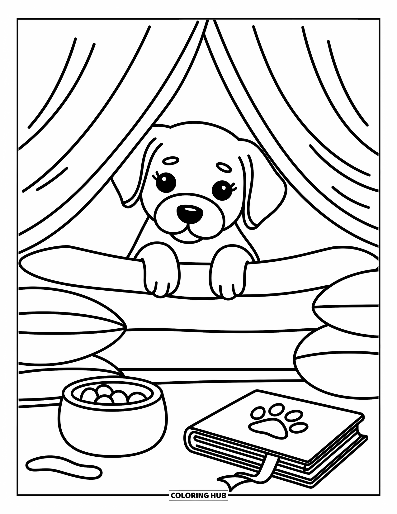 Golden Retriever Puppy Coloring Page for Adults: Puppy peeks from under a blanket fort surrounded by pillows, treats, and books