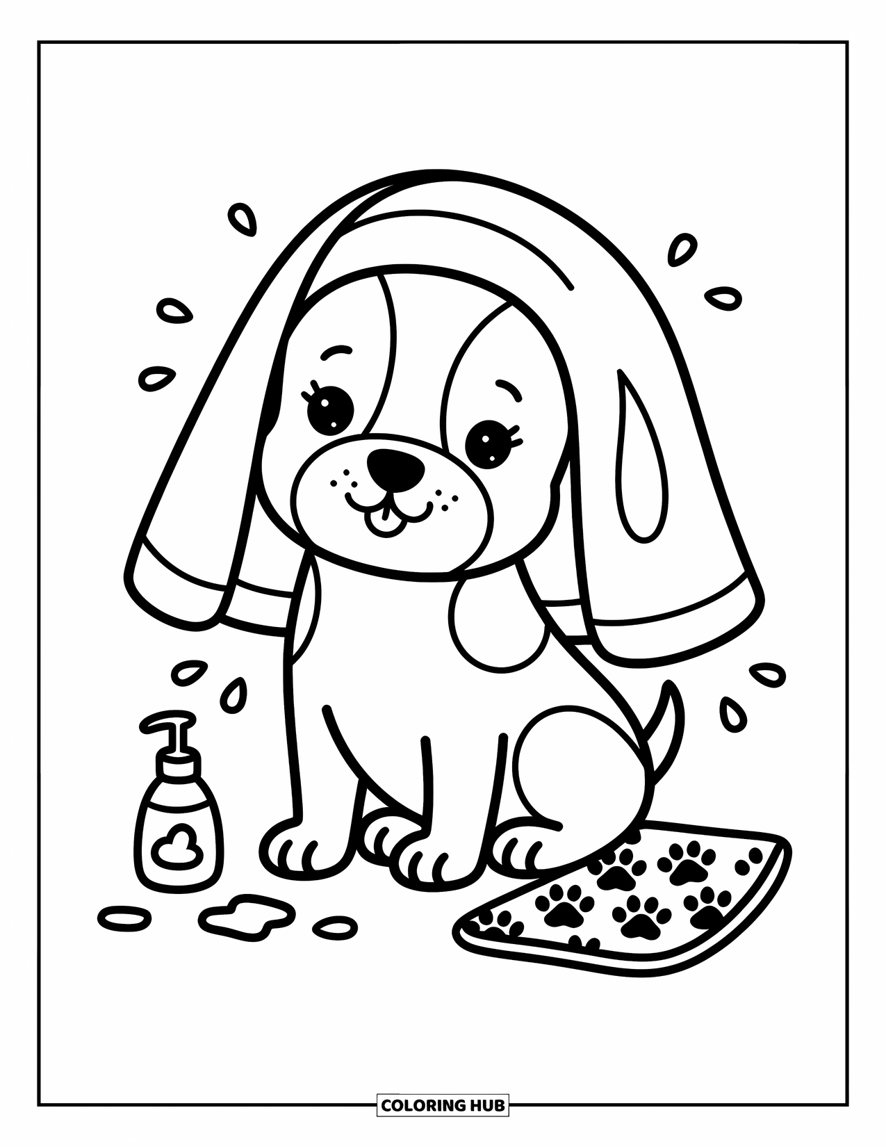 Golden Retriever Puppy Coloring Page for Adults: Puppy sits with a towel draped over it and soap bubbles floating nearby