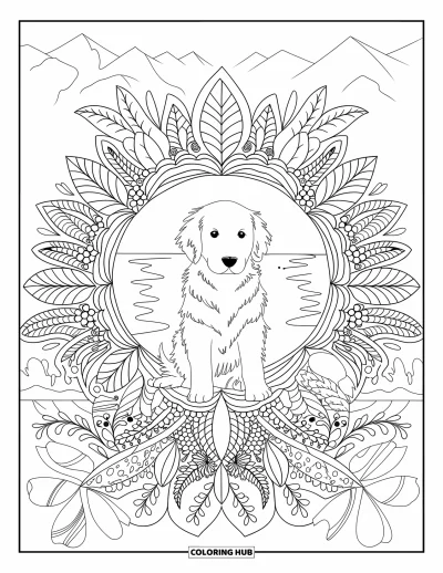 Desen de colorat cu pui de Golden Retriever pentru adulți: Cățeluș stând calm în centrul unei mandale cu flori, frunze și peisaj montan