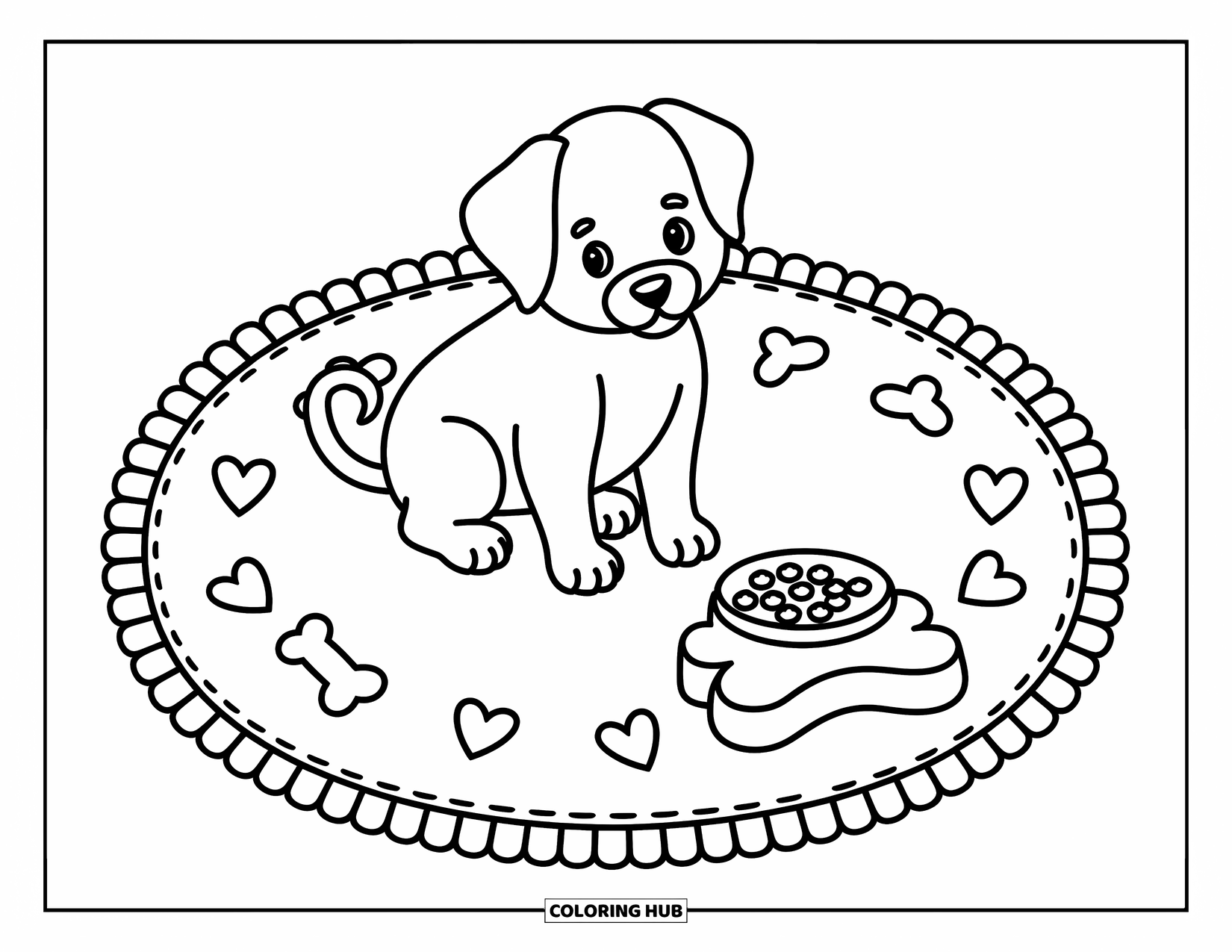 Golden Retriever Puppy Coloring Page for Adults: Puppy sitting on a heart-patterned rug, staring sweetly at a bowl of kibble