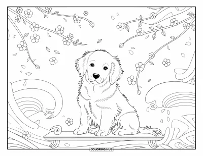 Desen de colorat cu pui de Golden Retriever pentru adulți: Cățeluș pe o platformă înconjurat de flori de cireș și spirale decorative