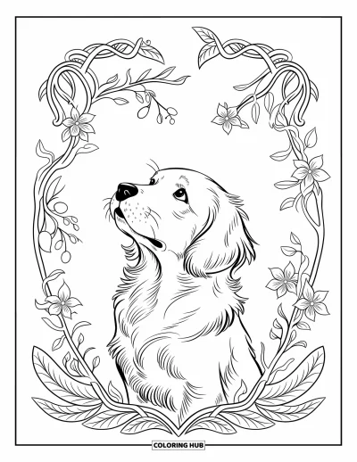 Desen de colorat cu pui de Golden Retriever pentru adulți: Cățeluș înconjurat de vițe florale și o bordură decorativă cu frunze