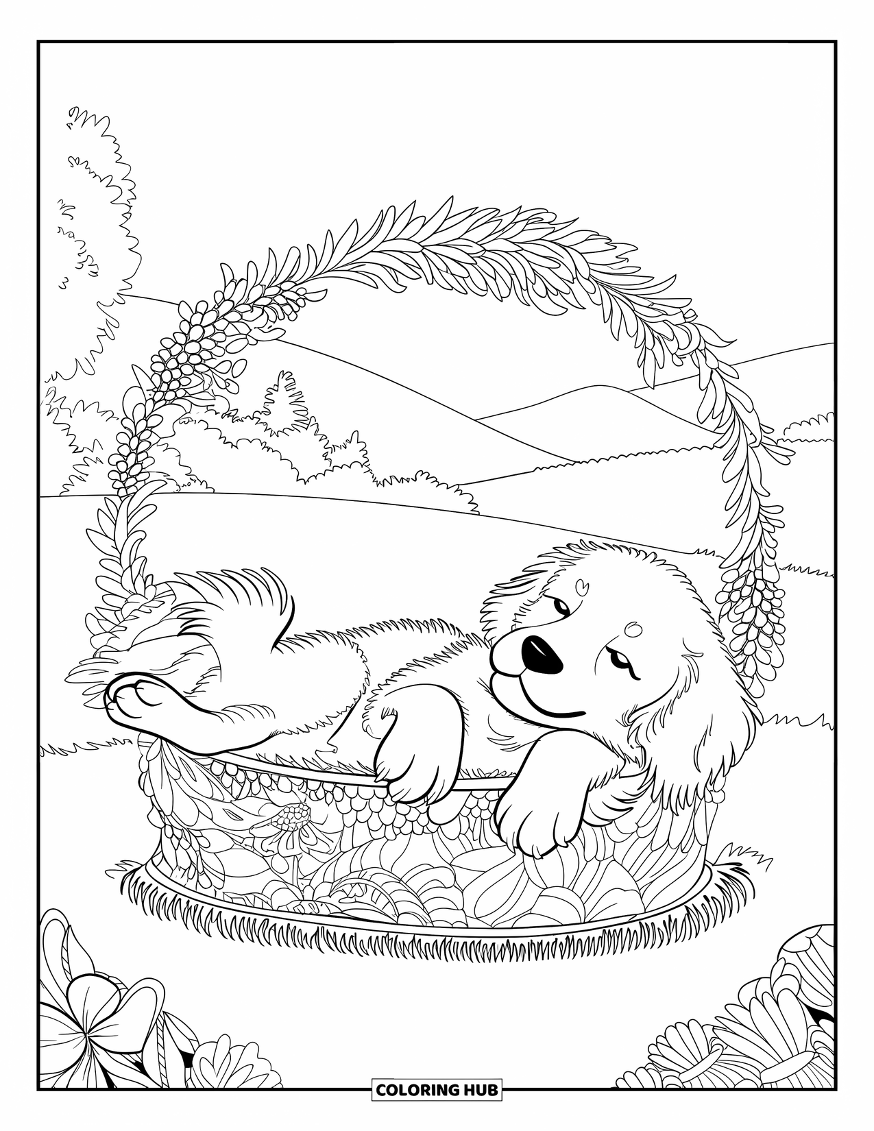 Golden Retriever Puppy Coloring Page for Adults: Relaxed puppy lying on its back in a floral bed with a hilly backdrop