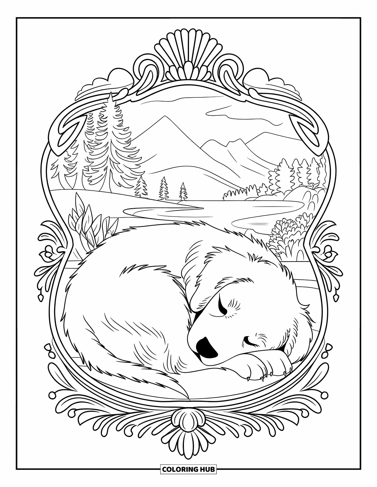 Golden Retriever Puppy Coloring Page for Adults: Sleeping puppy inside a flower frame with trees and water in the background