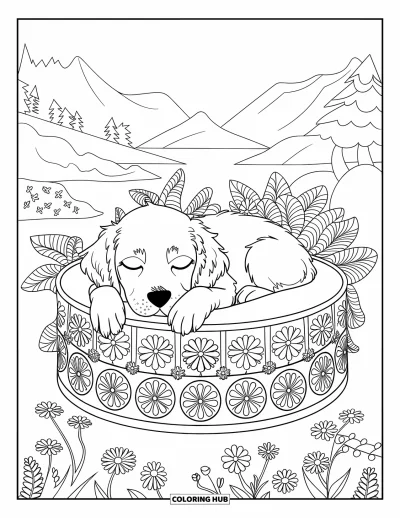 Desen de colorat cu pui de Golden Retriever pentru adulți: Cățeluș dormind cuibărit într-un pat floral cu munți și copaci în jur