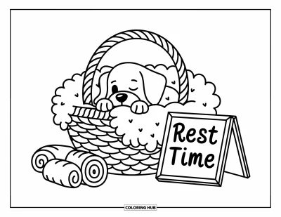 Desen de colorat cu pui de Golden Retriever pentru adulți: Cățeluș somnoros privind dintr-un coș pufos lângă prosoape și un semn de odihnă