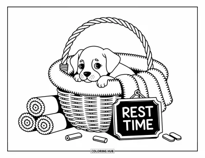 Desen de colorat cu pui de Golden Retriever pentru adulți: Cățeluș ascuns sub pături într-un coș lângă un semn de odihnă