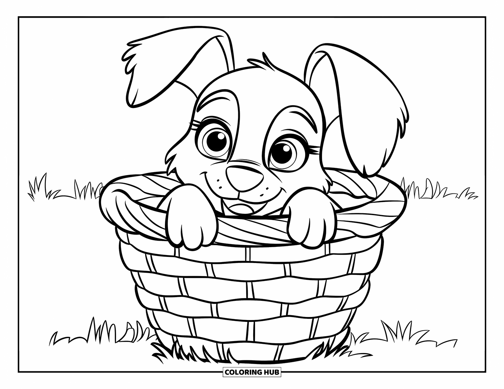 Golden Retriever Puppy Coloring Page for Kids: Cute puppy in a basket on grass with a clean background