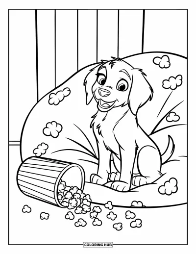 Desen de colorat cu pui de Golden Retriever pentru copii: Cățeluș drăguț pe un fotoliu puf cu popcorn împrejur
