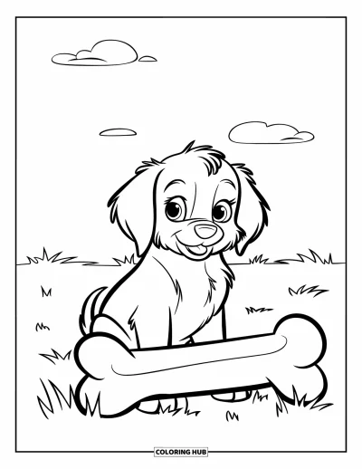 Desen de colorat cu pui de Golden Retriever pentru copii: Cățeluș cu urechi floppy ținând un os mare pe un câmp cu iarbă