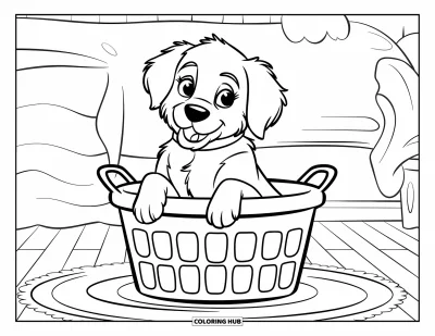 Desen de colorat cu pui de Golden Retriever pentru copii: Cățeluș cu urechi floppy într-un coș cu o cameră primitoare în fundal